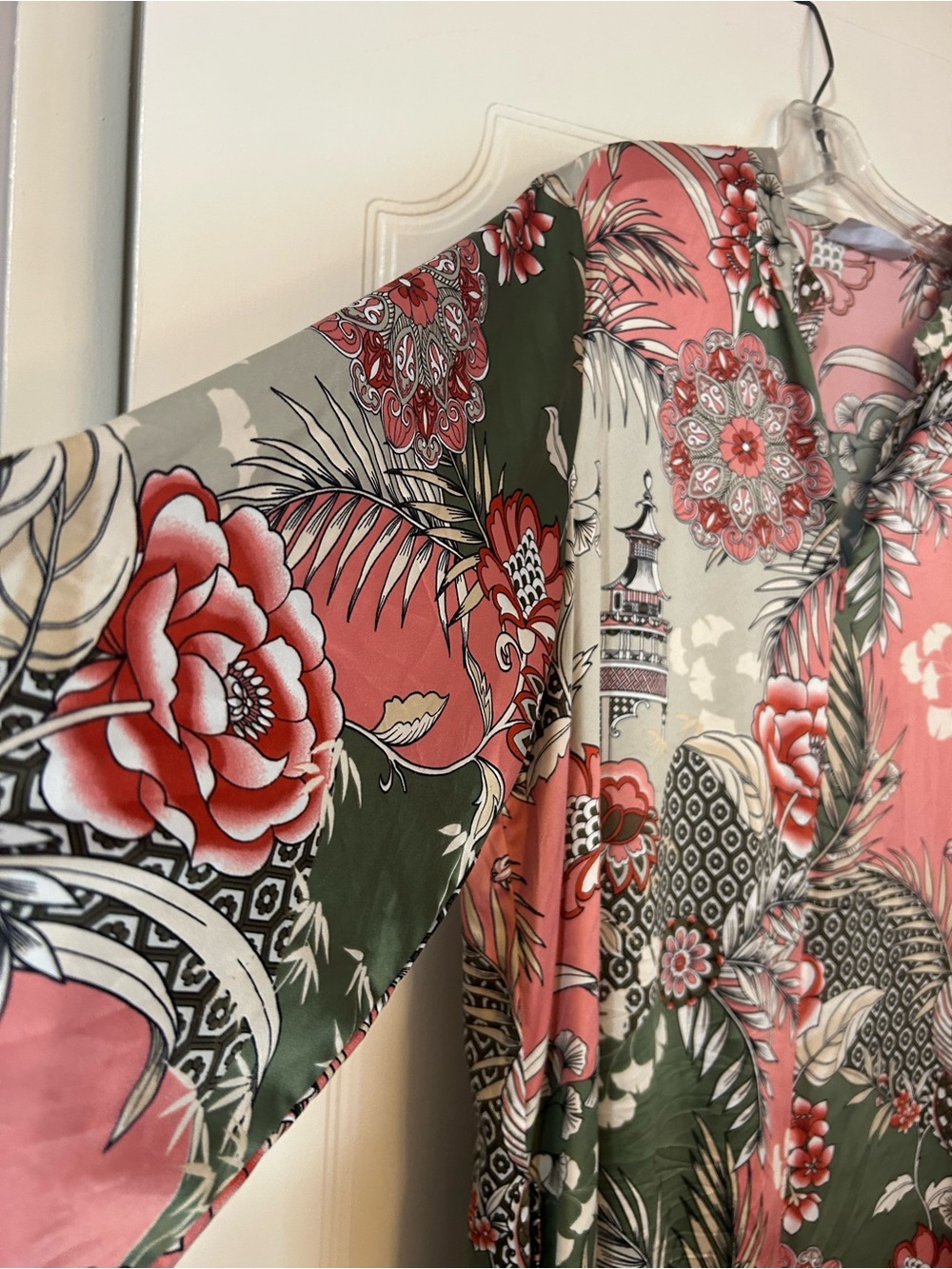 Natori Floral Kimono Cardigan in Pink, Olive & Black